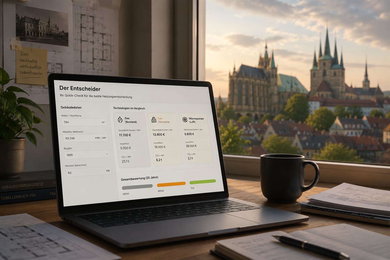 Der Entscheider — Investitionsrechner auf einem Laptop, im Hintergrund der Erfurter Dom